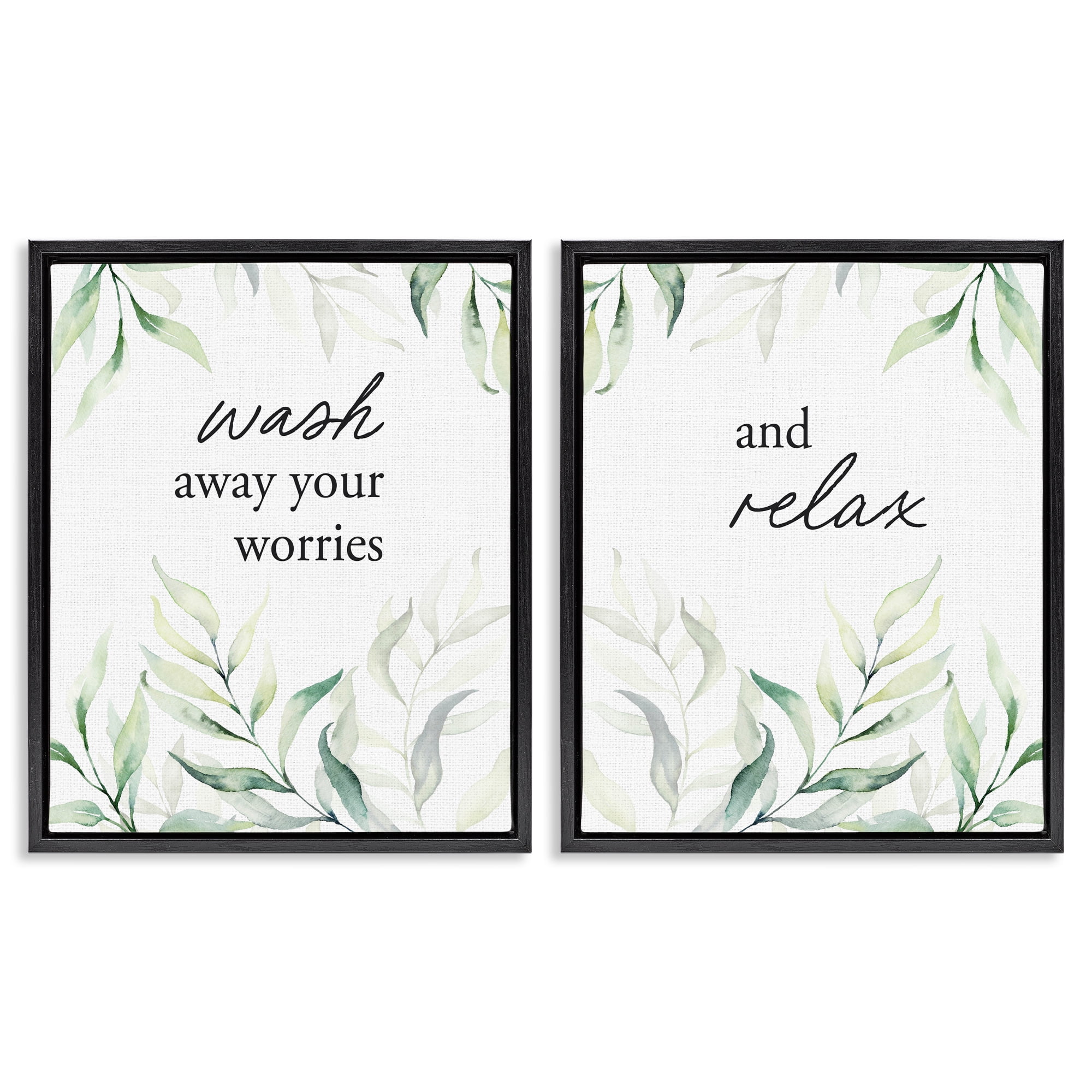 Soothing Bathroom Greenery Words 2 Piece Black Framed Floater Canvas Set, design by Lettered and Lined