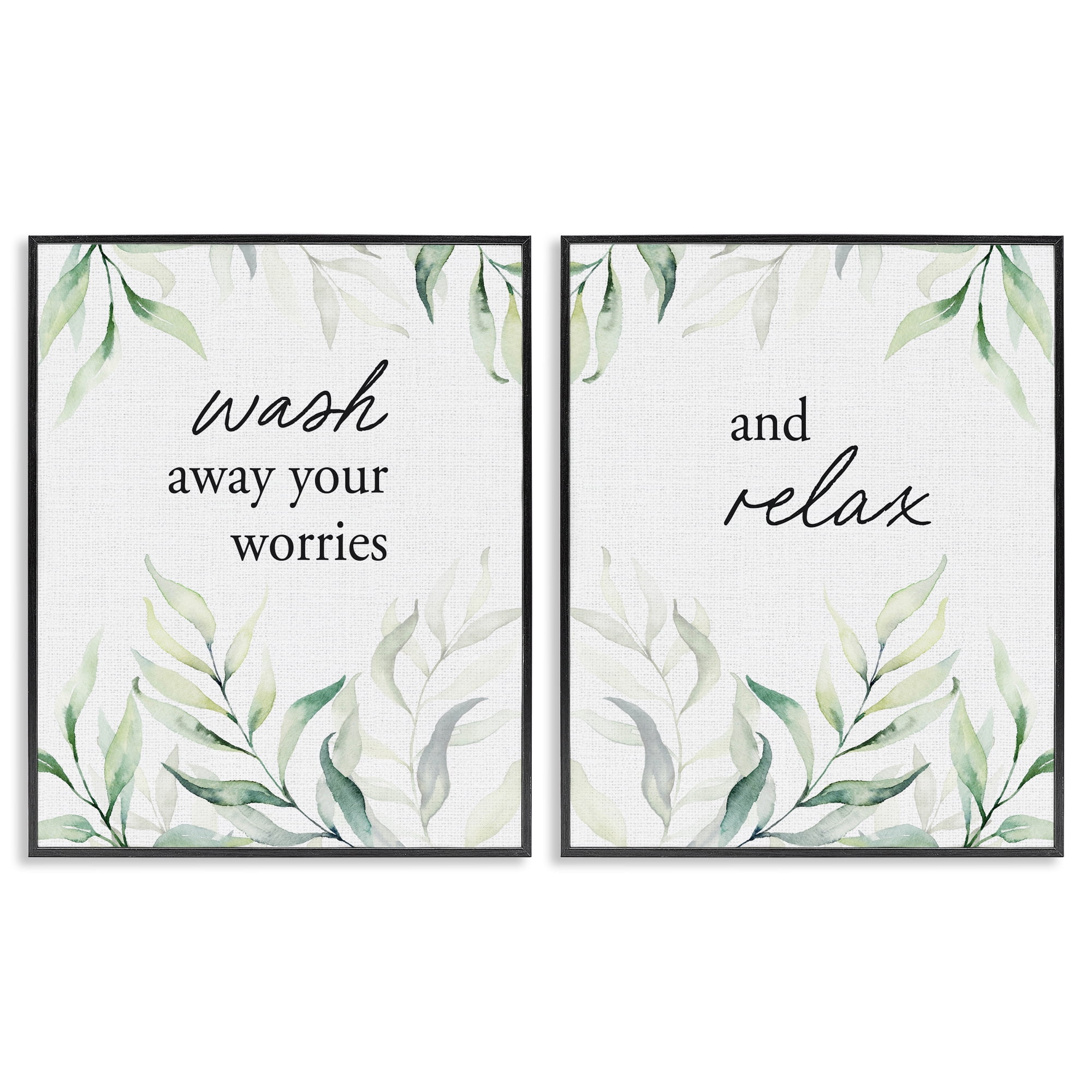 Soothing Bathroom Greenery Words 2 Piece Black Framed Giclee Art Set, design by Lettered and Lined