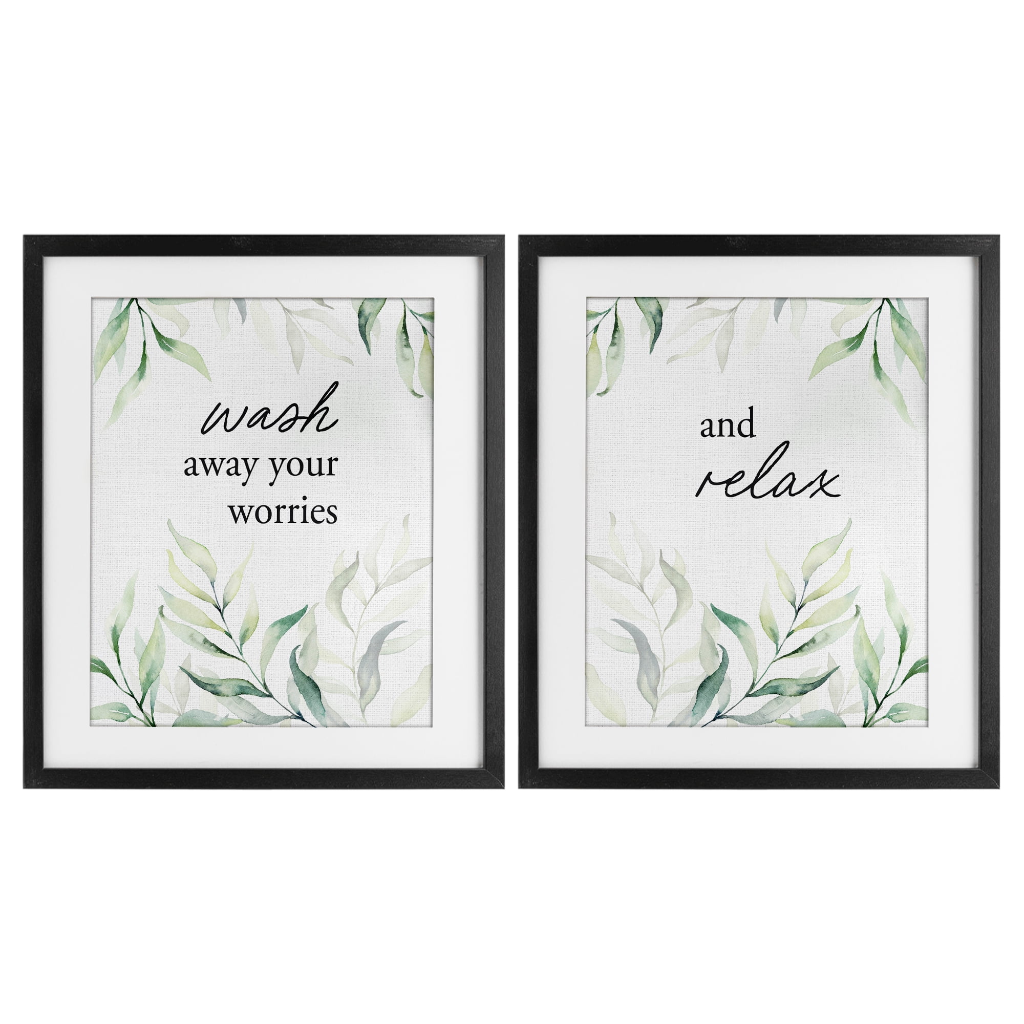 Soothing Bathroom Greenery Words 2 Piece Black Framed Print Under Glass Set, design by Lettered and Lined