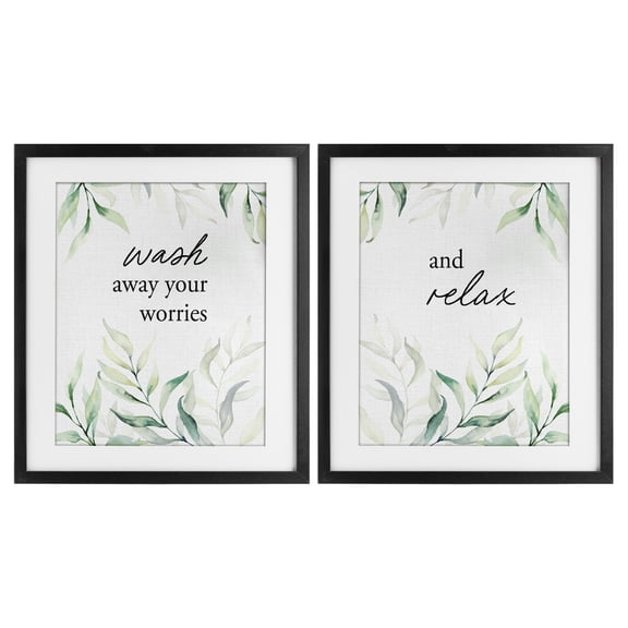 Soothing Bathroom Greenery Words 2 Piece Black Framed Print Under Glass Set, design by Lettered and Lined