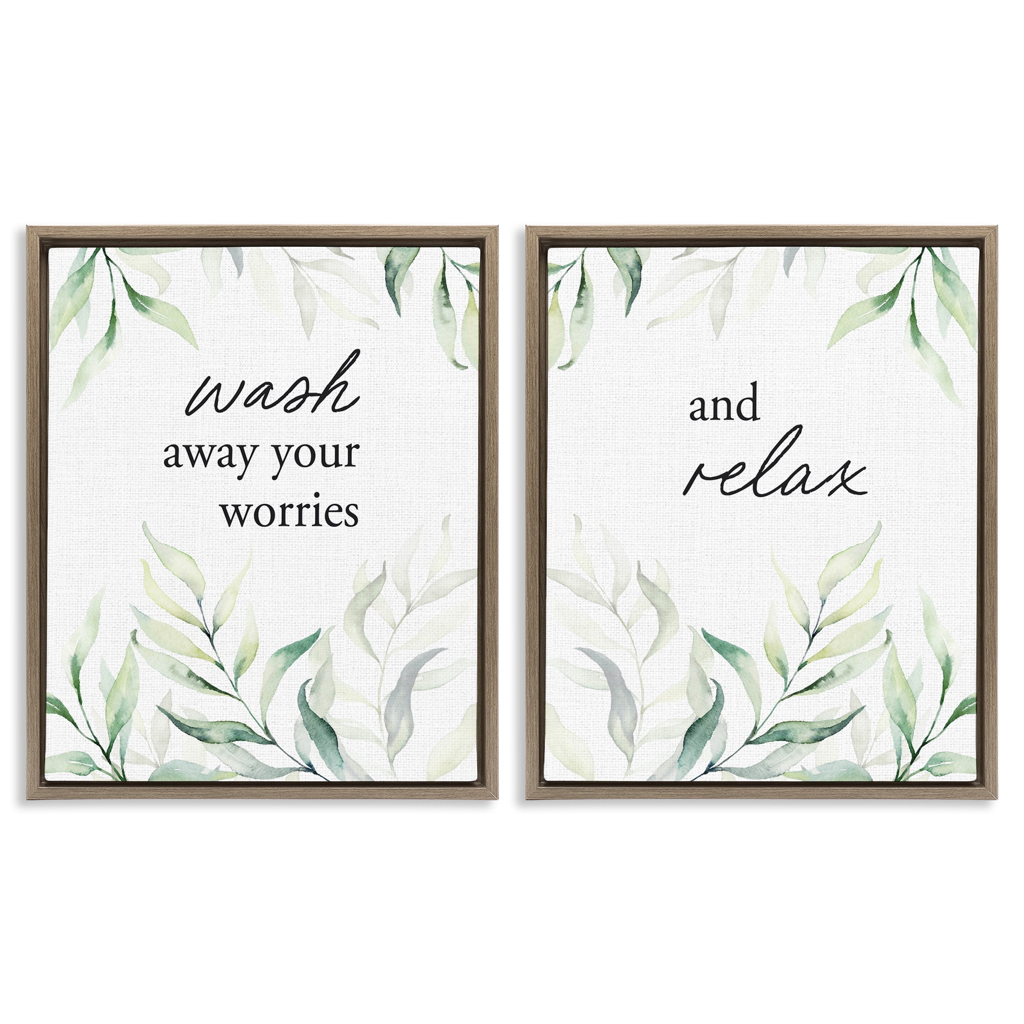 Soothing Bathroom Greenery Words 2 Piece Brown Framed Floater Canvas Set, design by Lettered and Lined