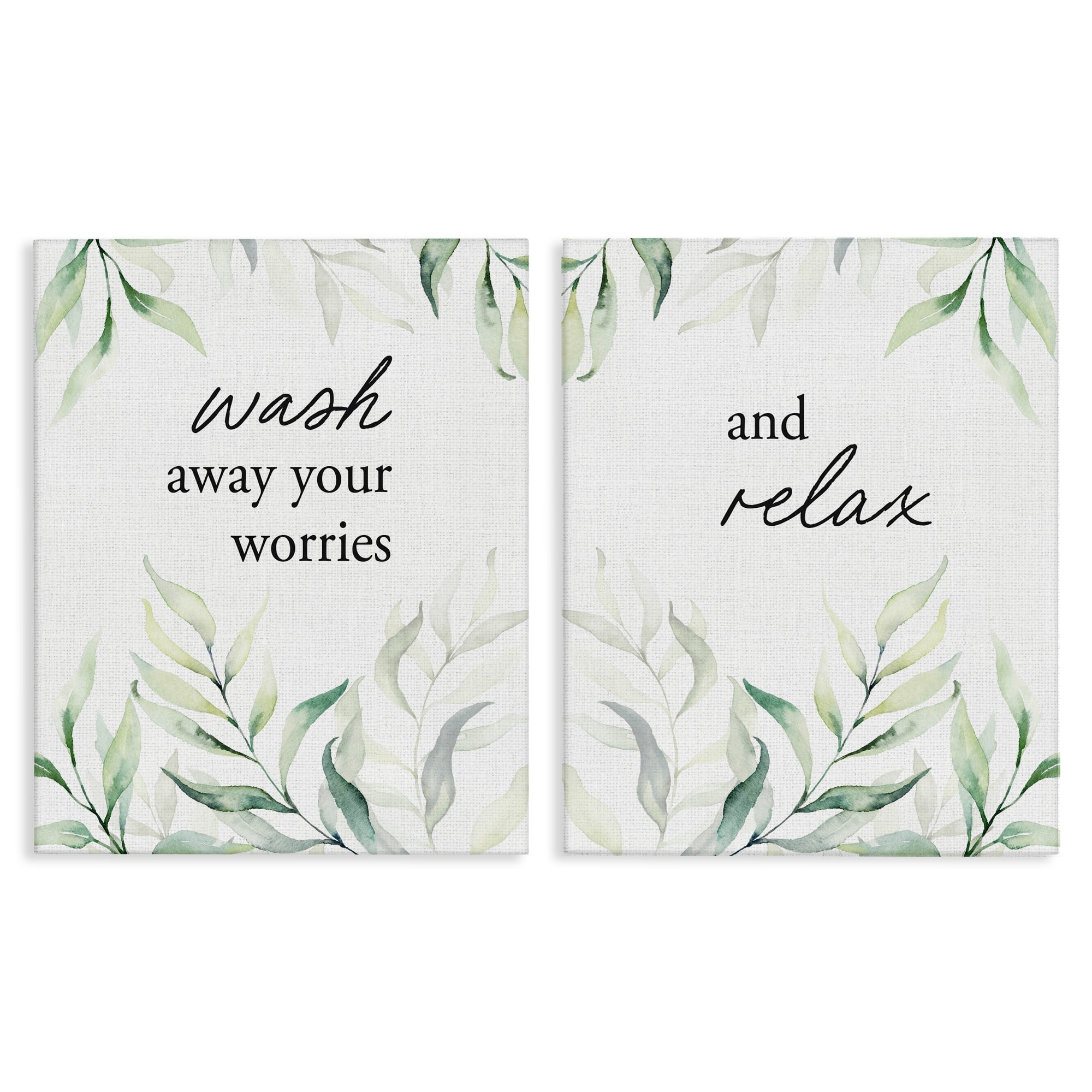 Soothing Bathroom Greenery Words 2 Piece Canvas Wall Art Set, design by Lettered and Lined
