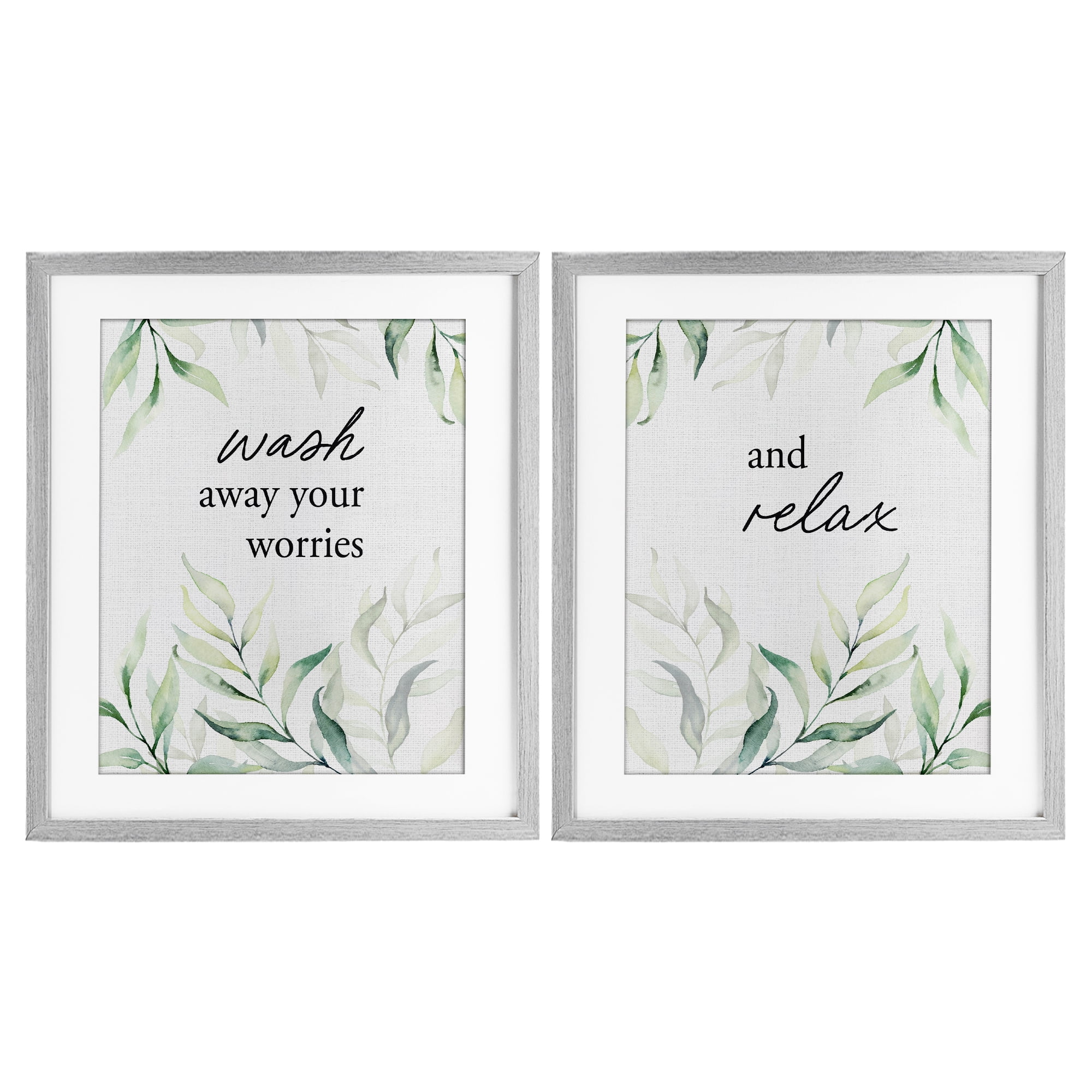 Soothing Bathroom Greenery Words 2 Piece Gray Framed Print Under Glass Set, design by Lettered and Lined