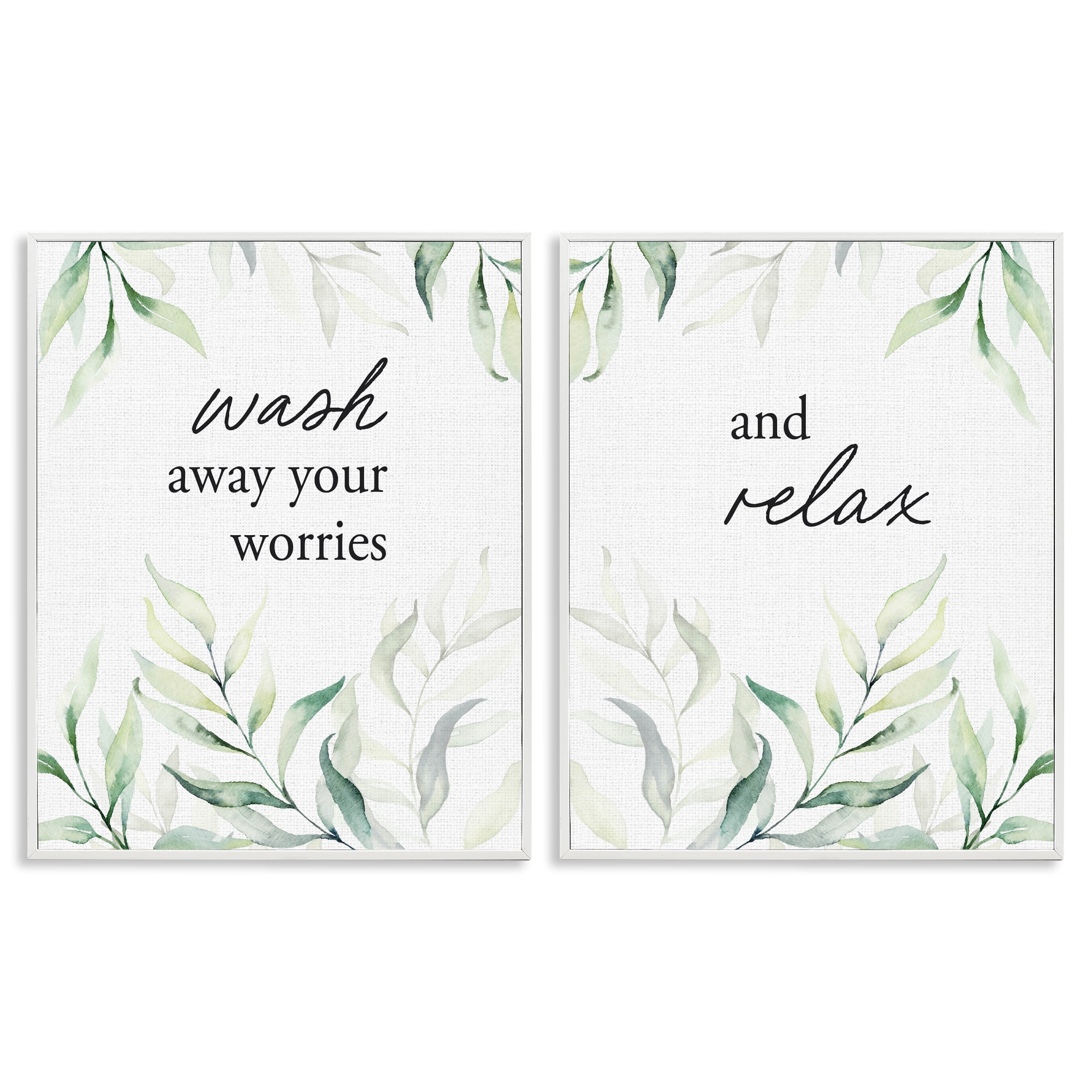 Soothing Bathroom Greenery Words 2 Piece White Framed Giclee Art Set, design by Lettered and Lined