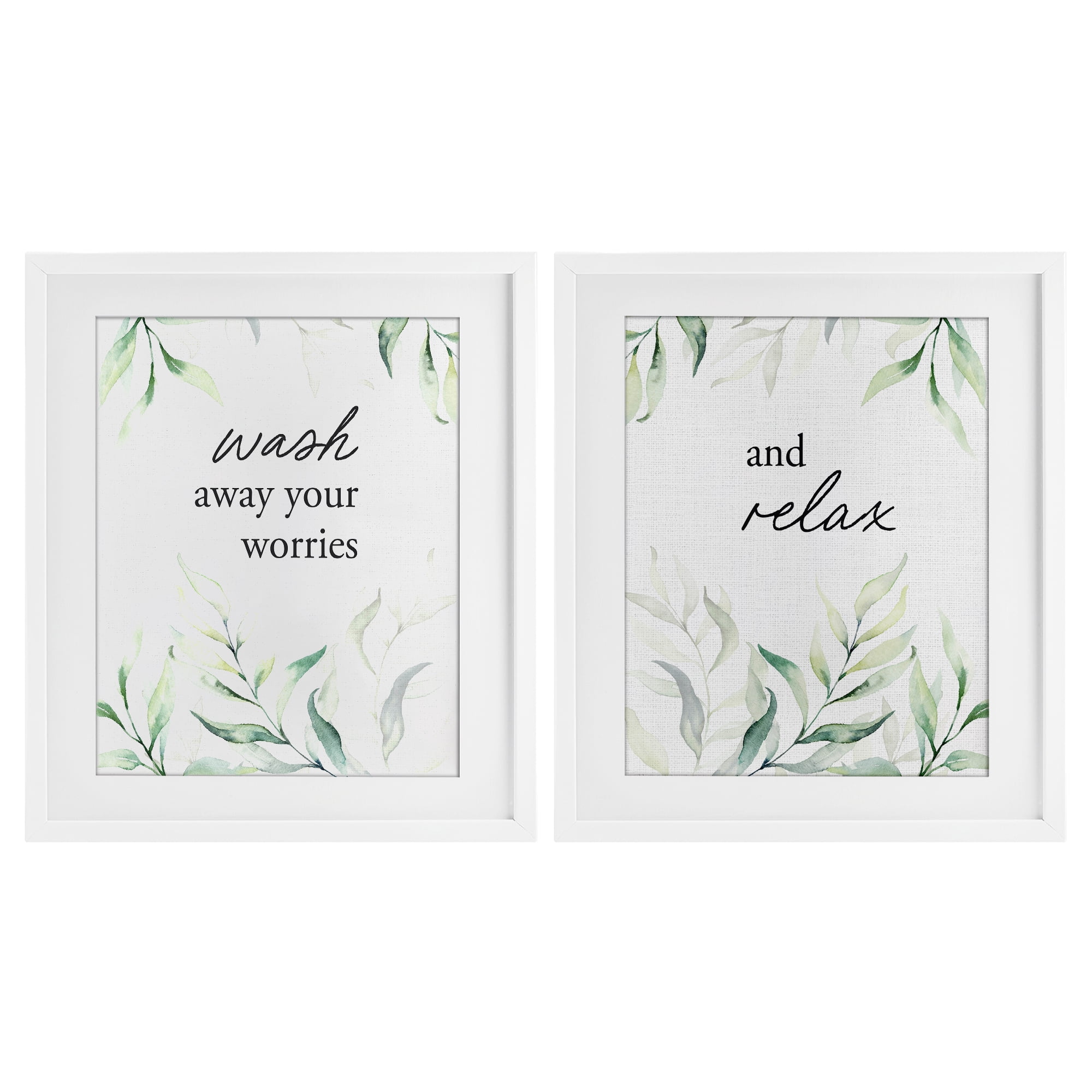 Soothing Bathroom Greenery Words 2 Piece White Framed Print Under Glass Set, design by Lettered and Lined