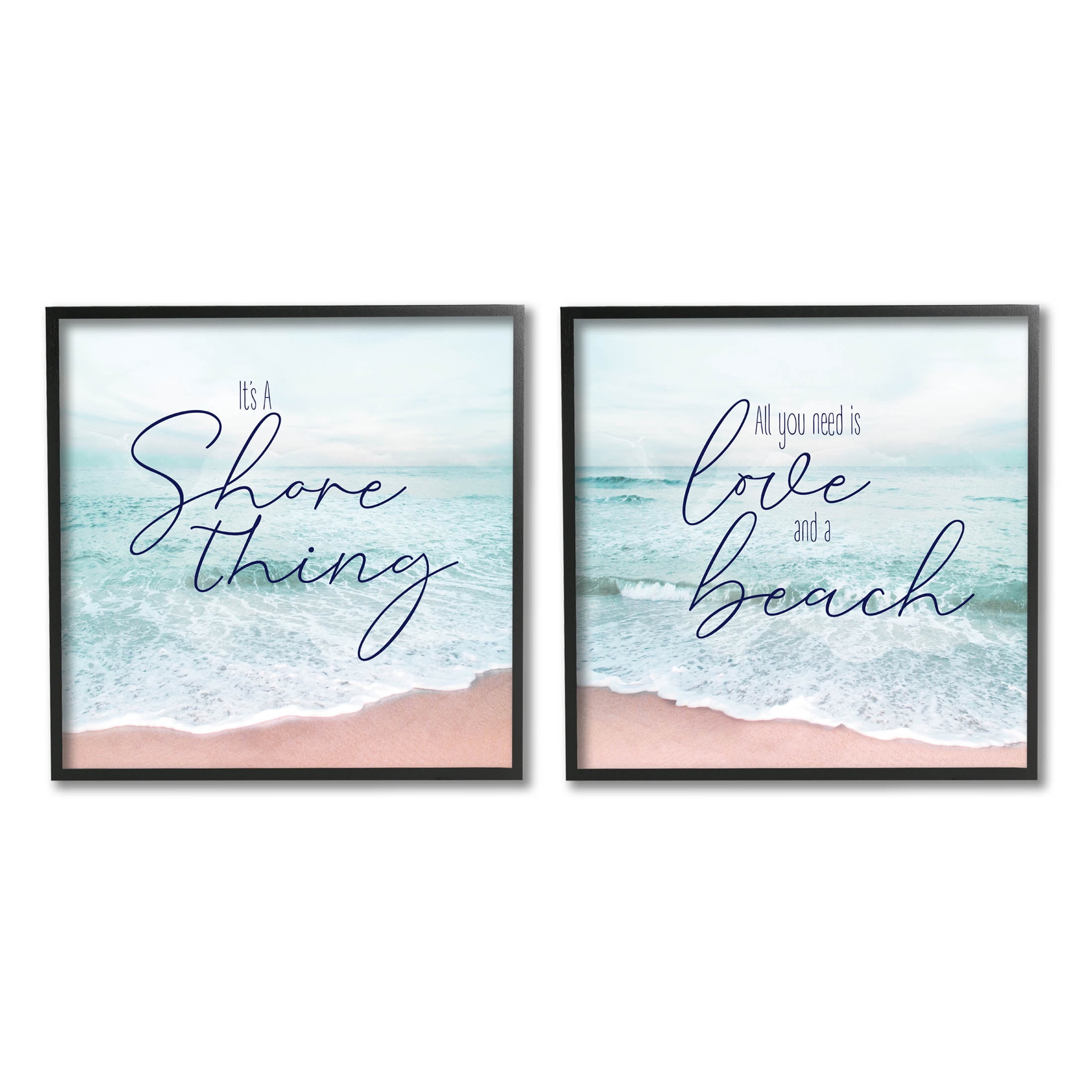 Soothing Beach Lover Phrases Coastal Graphic Art Black Framed Art Print Wall Art, Set of 2
