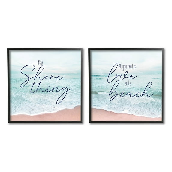 Soothing Beach Lover Phrases Coastal Graphic Art Black Framed Art Print Wall Art, Set of 2