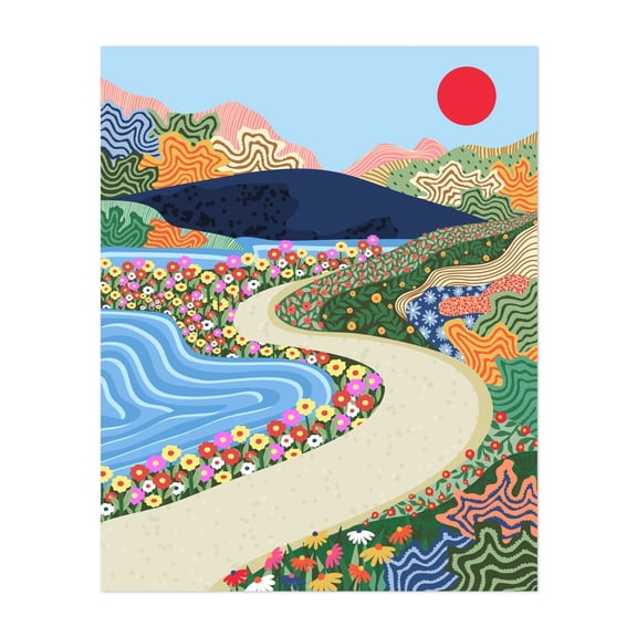 Soothing Horizon - India Illustration Floral Landscape Scenic Modern Art Abstract Nature Unframed Wall Art Print 30 x 40 inches