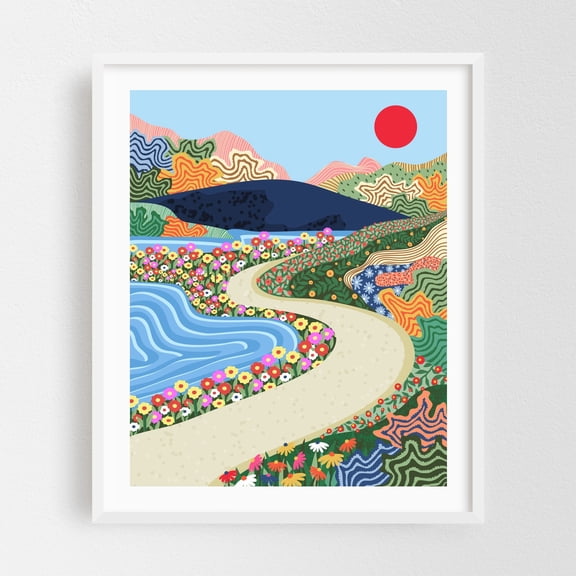 Soothing Horizon - India Illustration Floral Landscape Scenic Modern Art Abstract Nature White Framed Wall Art Print 6 x 8 inches