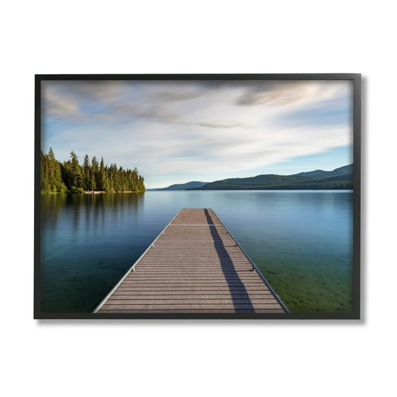 Soothing Lake Dock Mountains Landscape Photograph Black Framed Art Print Wall Art