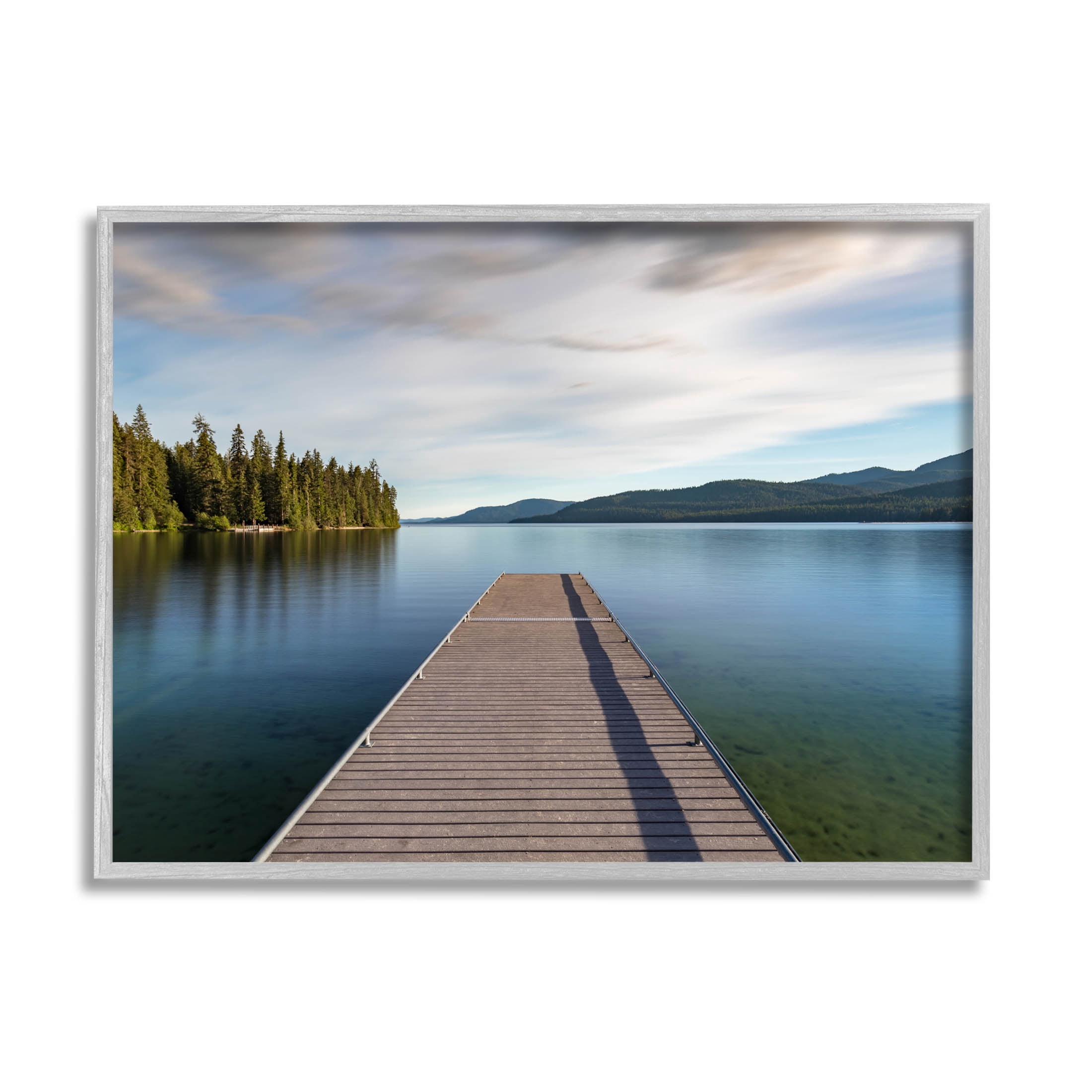 Soothing Lake Dock Mountains Landscape Photograph Gray Framed Art Print Wall Art