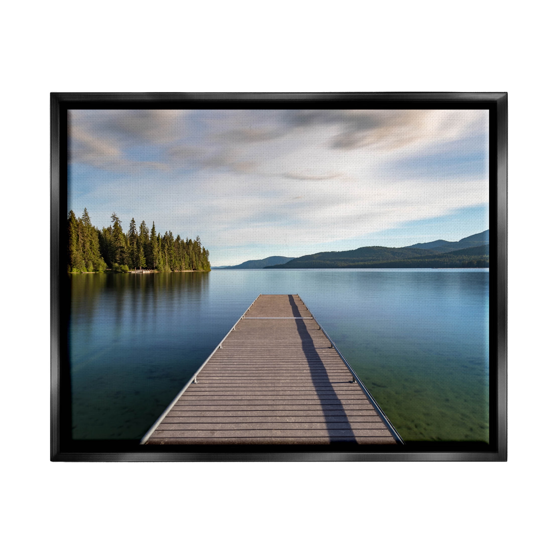 Soothing Lake Dock Mountains Landscape Photograph Jet Black Framed Art Print Wall Art