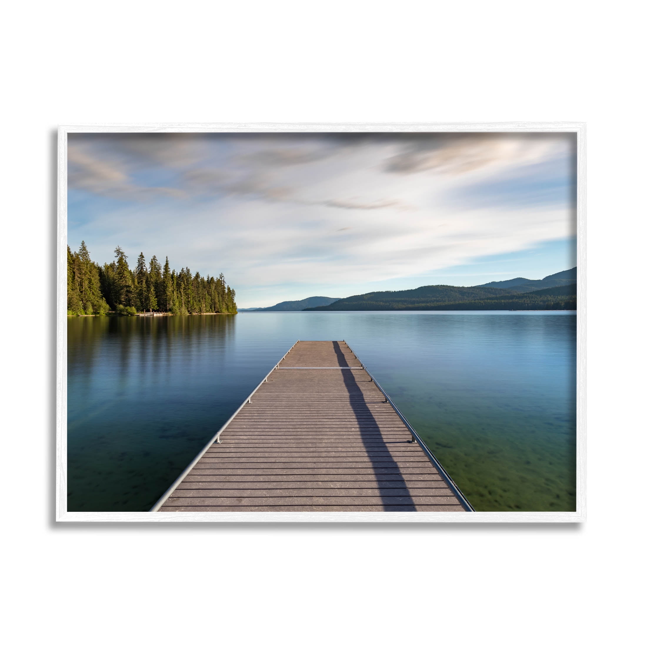 Soothing Lake Dock Mountains Landscape Photograph White Framed Art Print Wall Art