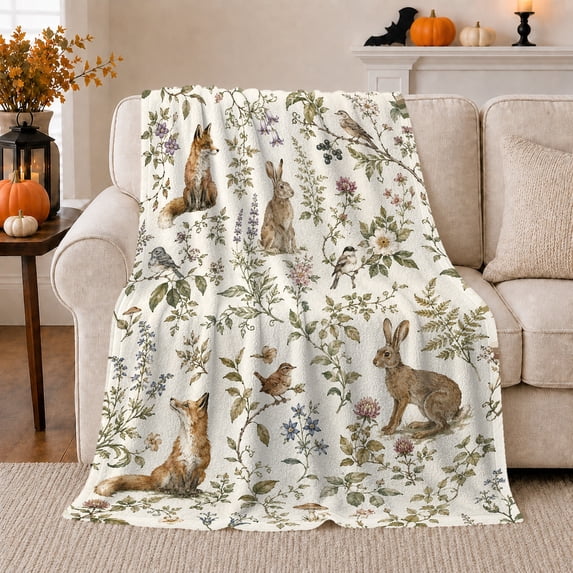 Soothing Watercolor Woodland Scene Foxes Rabbits Among Wildflowers, Peaceful Botanical Scene, Warm Flannel Blanket for Cabin and Lodge, Wildlife Lovers Housewarming Gift, Botanical Home Decor