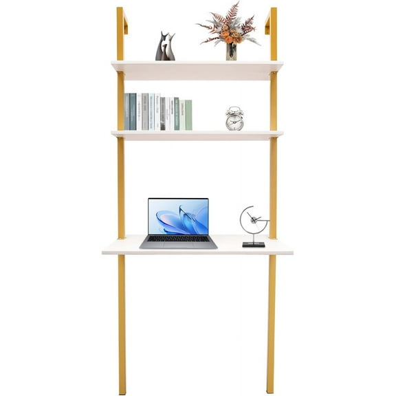 Sootvp 2-Shelf Industrial Wall Mount Ladder,Wall Mount Computer or Writing Desk, Computer Laptop Desk with Shelves, Wall Table Floating Desk with Storage for Home Office, Gold, (20" Dx30 Wx72.8 H)