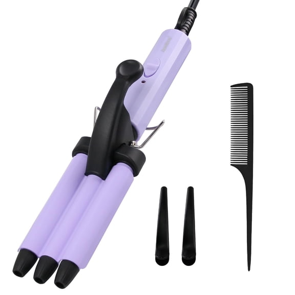 Soovata Mini Hair Crimper,1/2 Inch Beach Waves Curling Iron, Hair Waver for Short & Medium Hair with 3 Ceramic Barrels, Home and Travel Friendly Crimper Hair Tool,Purple
