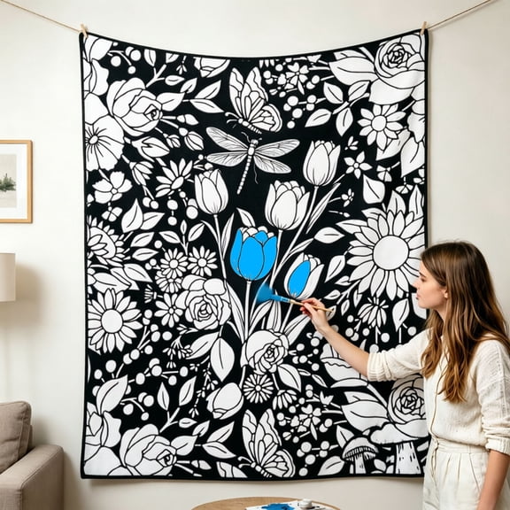Soovim DIY Coloring Blanket 150x200cm Washable Color Your Own Throw, Reusable Oversized Art Craft Blanket with Markers, Personalized Creative Activity Gift for Kids Adults Home Decor