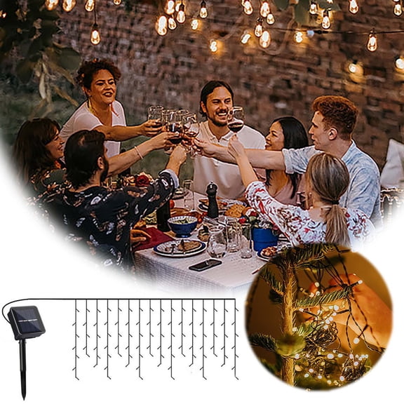 Soovim Solar Curtain String Lights Outdoor, 8 Modes Waterproof Solar Powered Fairy Lights, LED Icicle Decorative Lights for Garden Patio Yard Party Wedding Decor