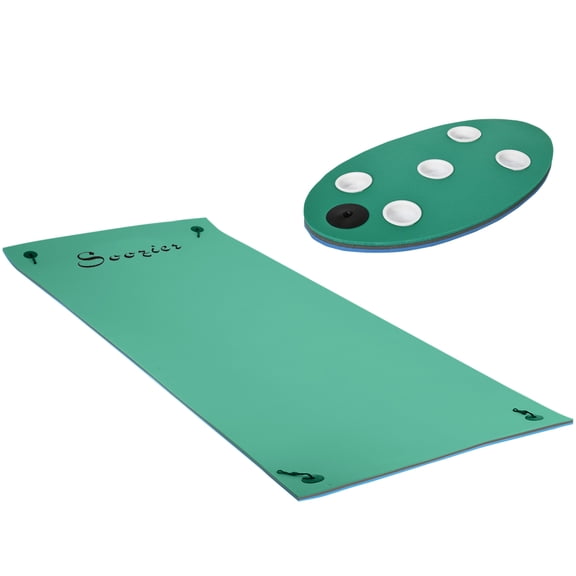 Soozier 12'5' 3-Layer Floating Water Lily Pad Mat with Detachable 5-Cup Holder Table, Roll-Up Portable XPE Floating Dock Mat Holds 264 Lbs for 2-3 People, Lake River Pool Relax Floating Island, Gree
