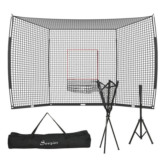 Soozier 17' x 5.5' Baseball Net with Strike Zone, Tee, Caddy, and Carry Bag for Pitching and Hitting, Portable Extra Large Softball and Baseball Training Equipment