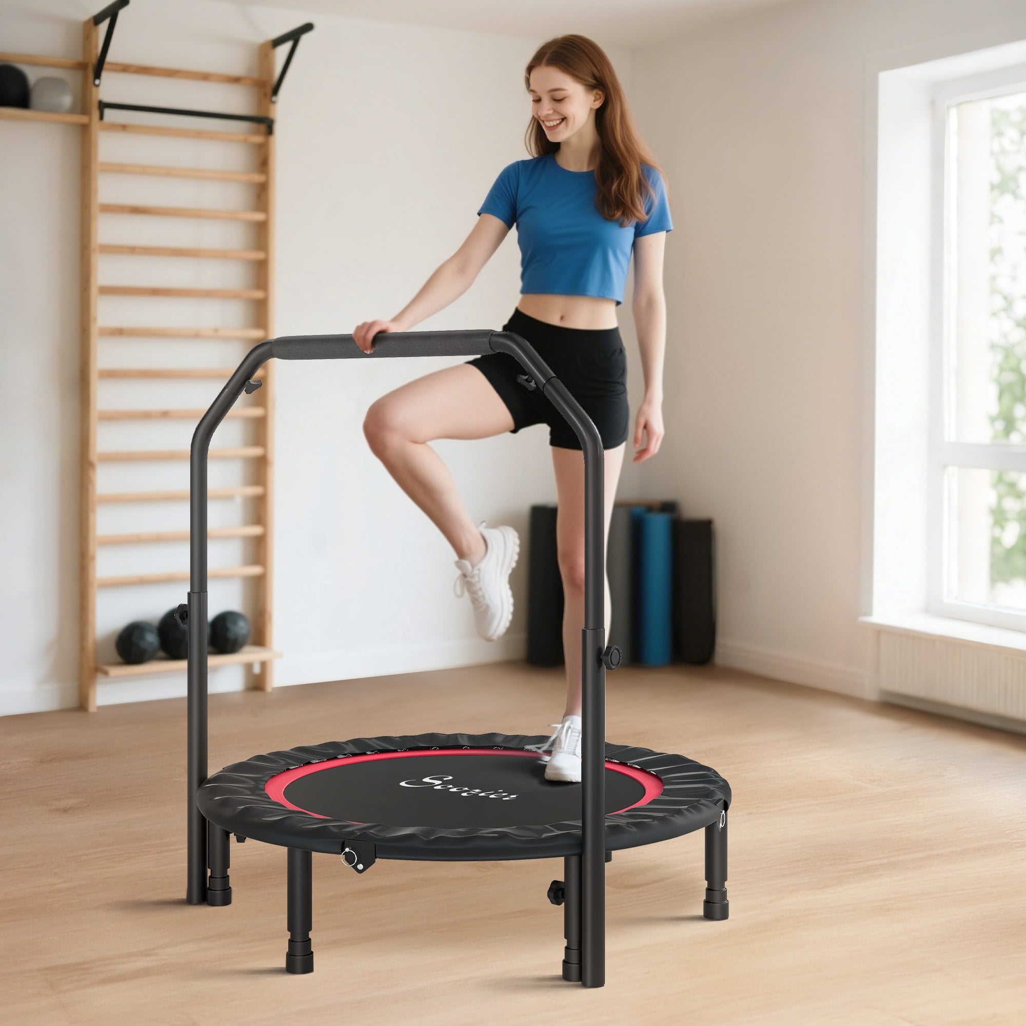 Soozier 40" Foldable Mini Trampoline, Rebounder Trampoline for Adults with Adjustable Foam Handle for Indoor Outdoor Workout, Max Load 330 lbs, Red