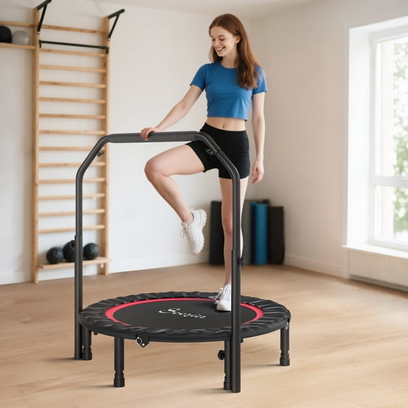 Soozier 40" Foldable Mini Trampoline, Rebounder Trampoline for Adults with Adjustable Foam Handle for Indoor Outdoor Workout, Max Load 330 lbs, Red
