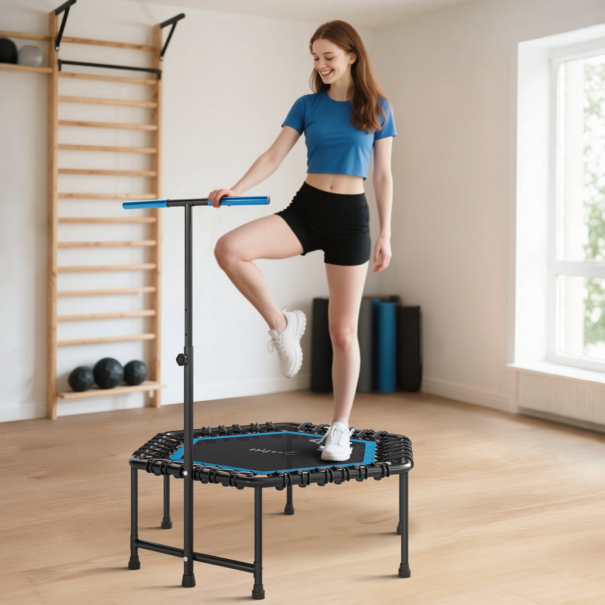 Soozier 45" Mini Trampoline, Rebounder Trampoline for Adults with LED Lights and Adjustable Handle, Quiet Bungee Rebounder, Blue
