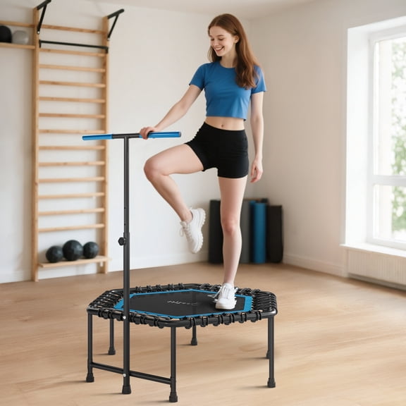 Soozier 45" Mini Trampoline, Rebounder Trampoline for Adults with LED Lights and Adjustable Handle, Quiet Bungee Rebounder, Blue