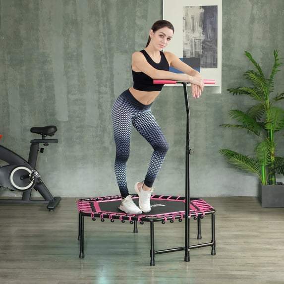 Soozier 45" Mini Trampoline, Rebounder Trampoline for Adults with LED Lights and Adjustable Handle, Quiet Bungee Rebounder, Pink