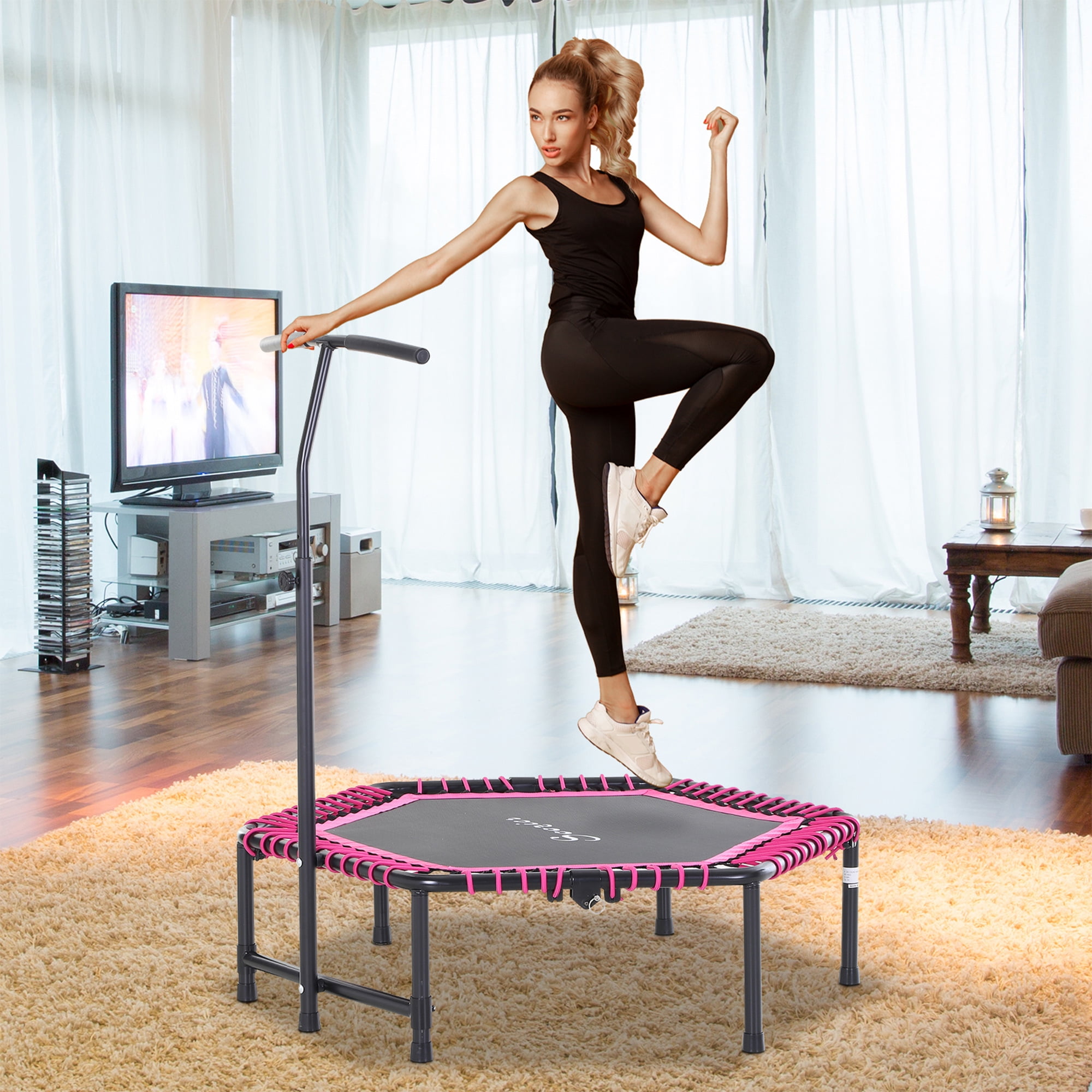 Kids' 48" Black and Pink Hexagon Fitness Trampoline with Adjustable Bar
