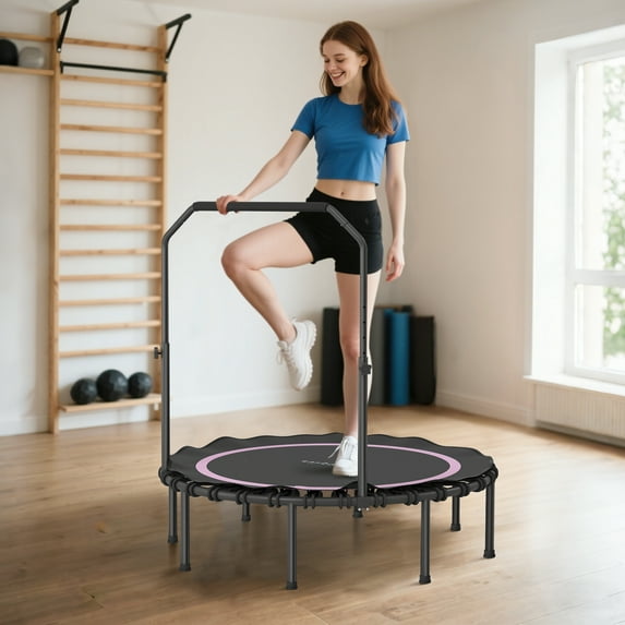 Soozier 48" Rebounder Trampoline for Adults, Foldable Mini Trampoline with Adjustable Handle Bar, Bungee Rebounder Jumping Cardio Trainer, Pink