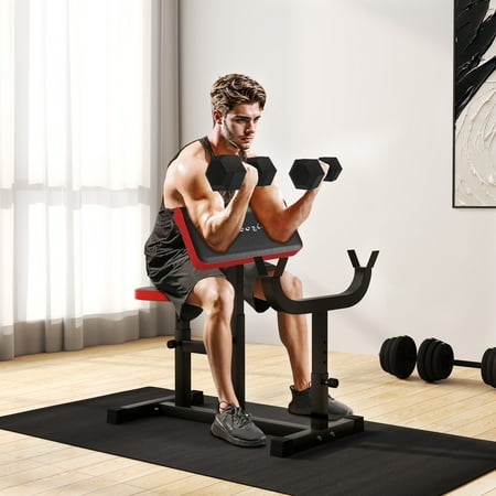 Soozier Adjustable Preacher Curl Bench, 265 LBS Seated Arm Isolated Barbell Dumbbell Bicep Station, Black