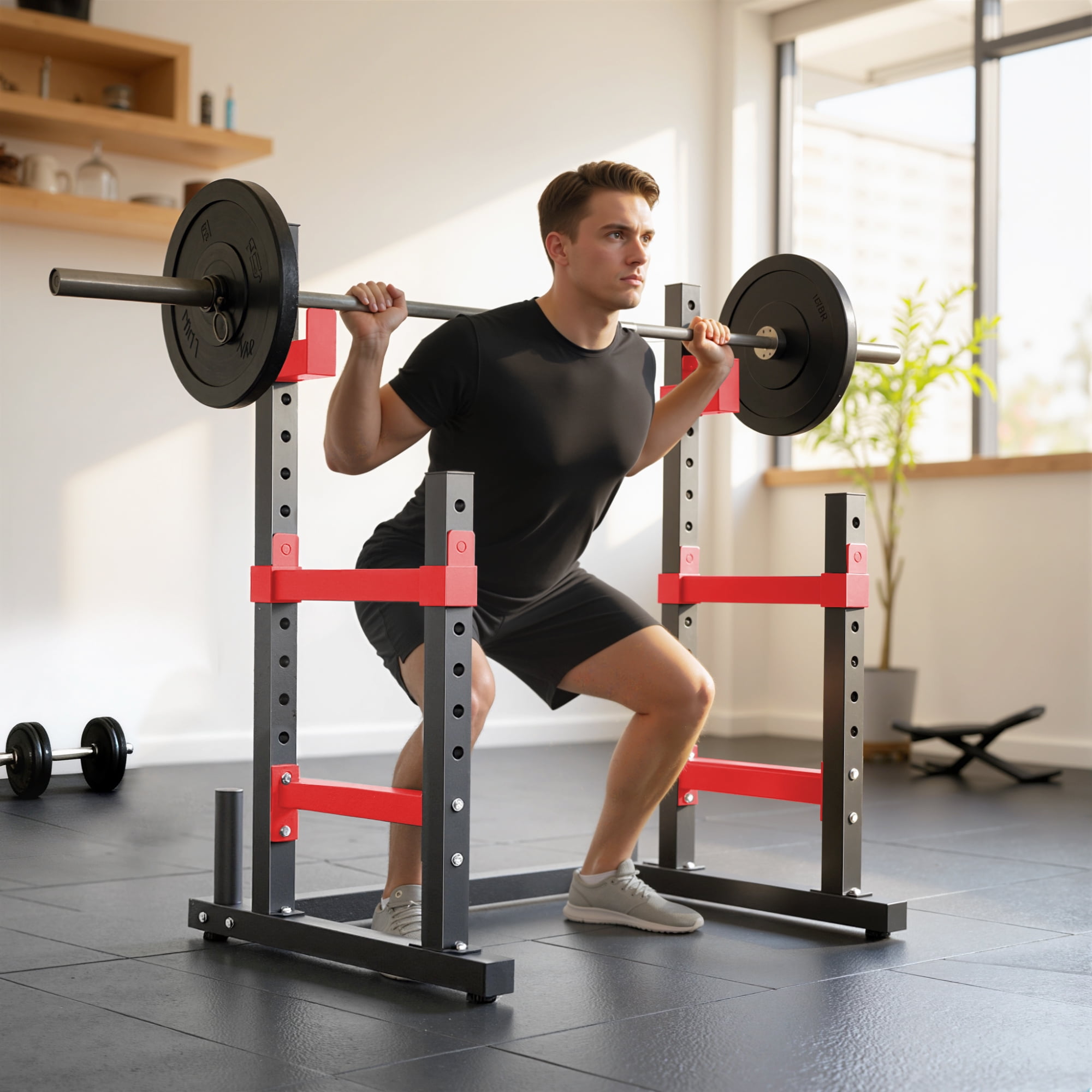 Soozier Adjustable Squat Rack, 660lbs Heavy Duty Bench Press Rack with Weight Plate Holders for Weight Lifting and Home Gym Strength Training, Red
