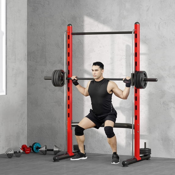 Soozier Adjustable Squat Rack with Pull Up Bar and Barbell Bar, Multi-Function Bench Press Weight Lifting Equipment, Red