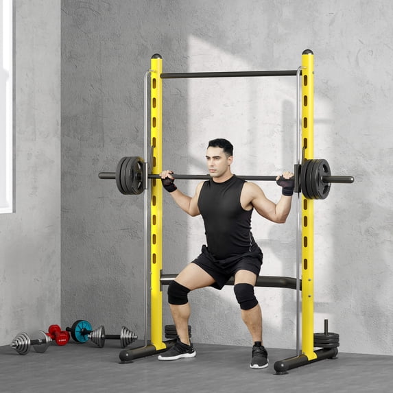 Soozier Adjustable Squat Rack with Pull Up Bar and Barbell Bar, Multi-Function Bench Press Weight Lifting Equipment, Yellow
