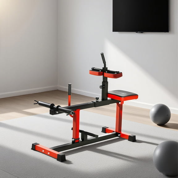 Soozier Adjustable Steel Seated Calf Raise Machine for Strength Training, Red - 48L x 23.2W x 41.7H Inches, 440lbs Capacity, Dual Olympic Weight Posts