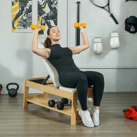 Soozier Adjustable Weight Bench with Dumbbell Rack, Wooden Flat or Incline Bench for Home Gym Weight Lifting Training, White
