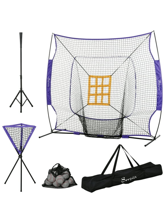 Soozier Baseball Practice Net Set with 7.5x7ft Catcher Net, Ball Caddy and Batting Tee, Portable Baseball Practice Equipment with Carry Bag for Hitting, Pitching, Batting, Catching, Purple