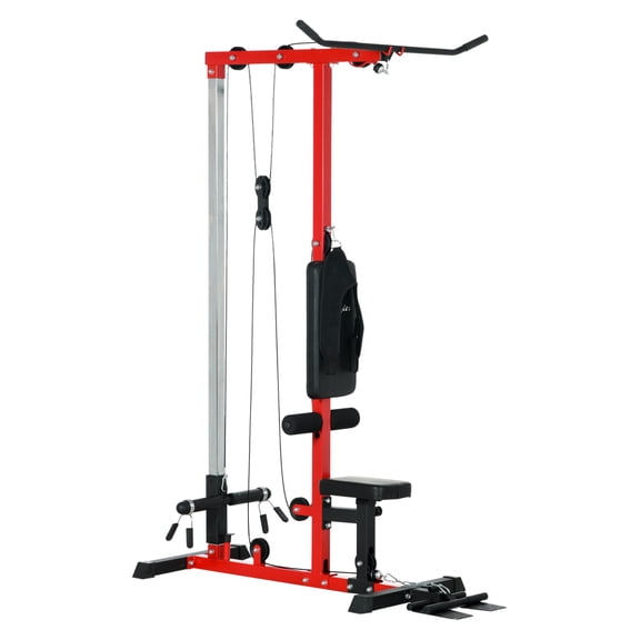 Soozier Cable Machine, LAT Machine with High and Low Pulley Stations, Cable Row Machine with Adjustable Seat and -Up Footplate, for Home Gym, Black and Red