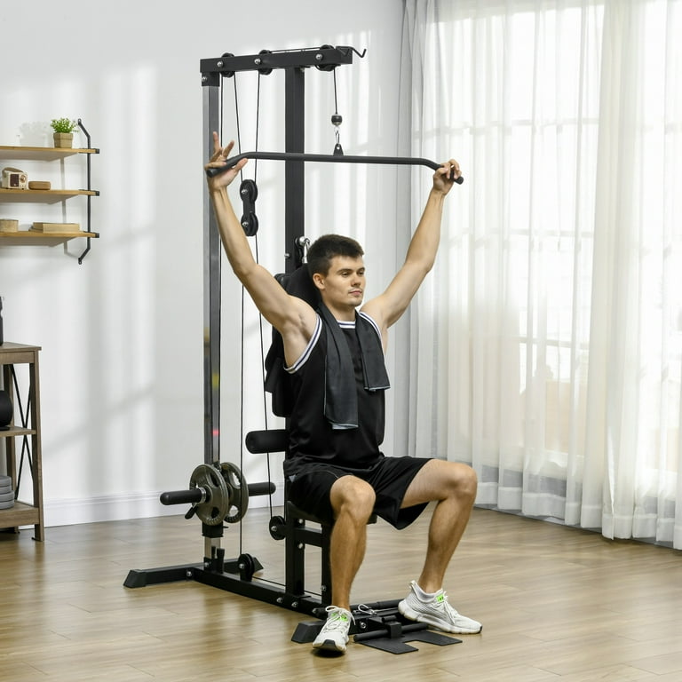 Soozier Cable Machine Lat Pull Down Machines High and Low Row Pulley System with Adjustable Seat and Flip Up Footplate Home Gym Black