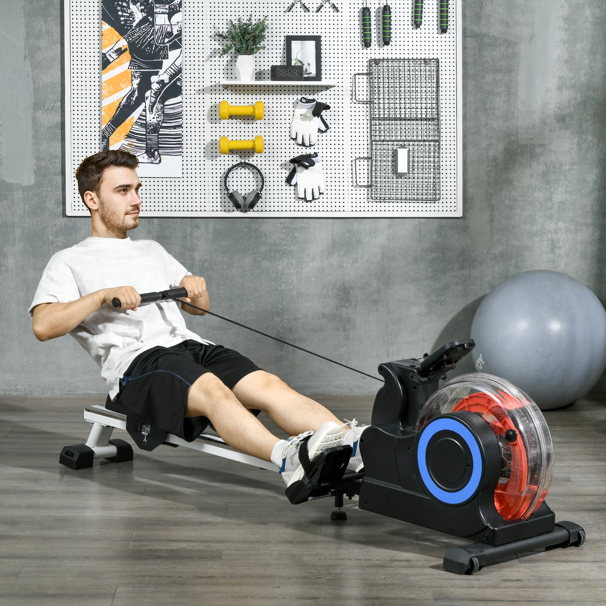 Soozier Foldable Water Rowing Machine with Wheels for Home Gym, Blue