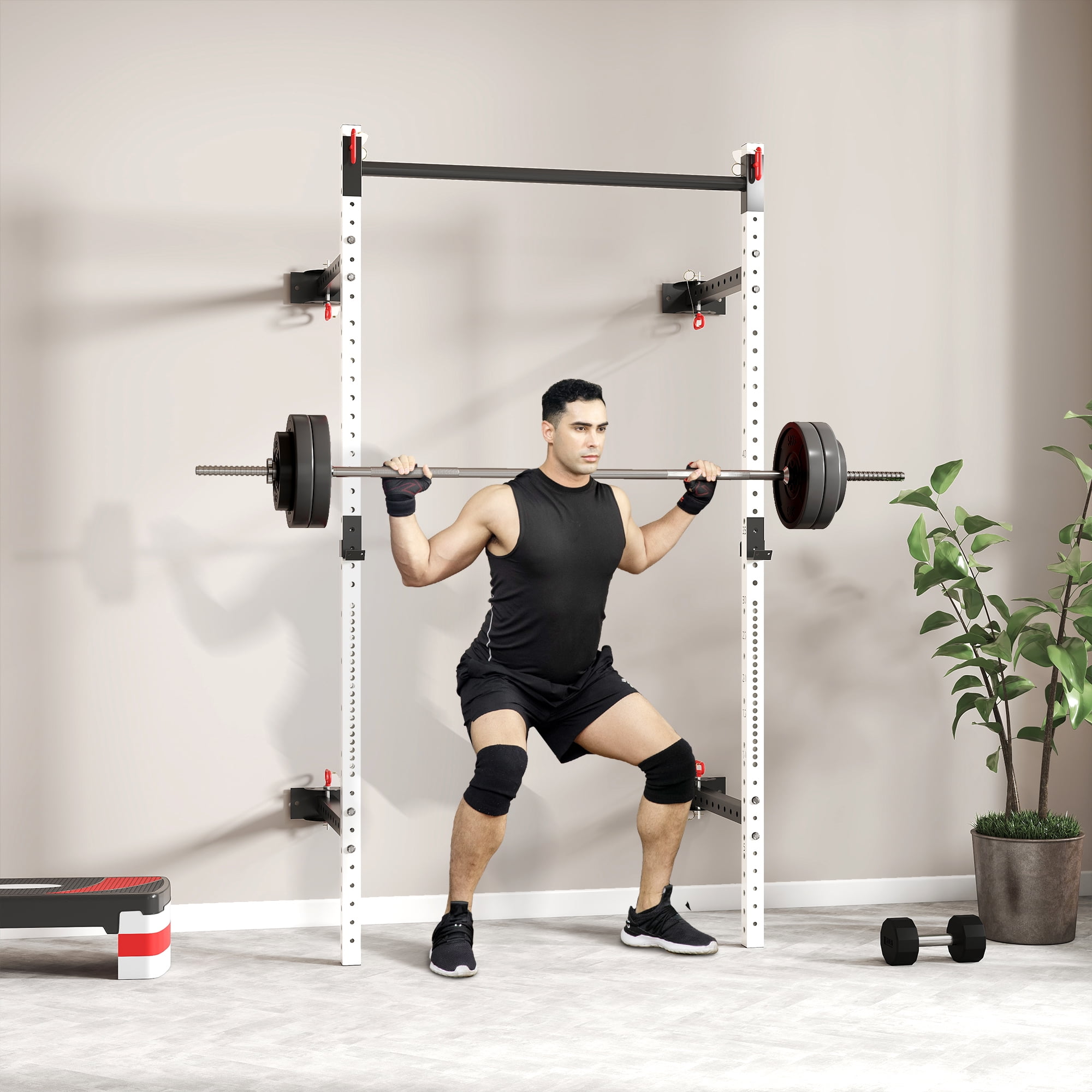Soozier Folding Squat Rack with Pull Up Bar, Wall Mounted, 1000 Pounds Capacity Power Rack, White
