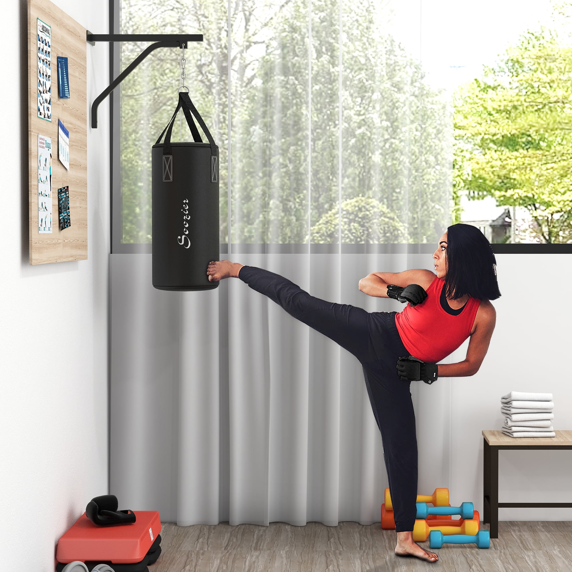 Black Steel Wall Mount Heavy Bag Set with Boxing Gloves and Hand Wraps