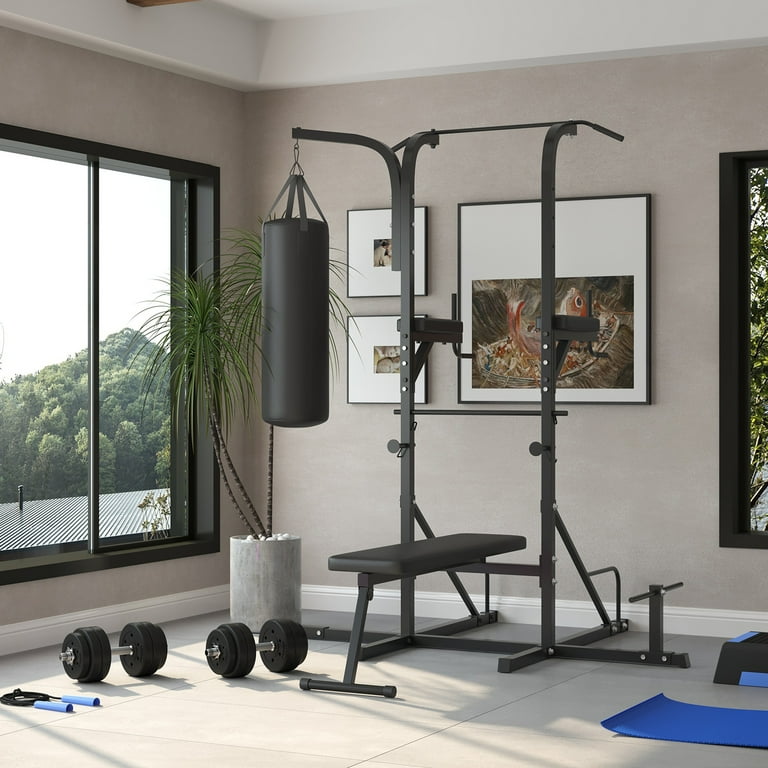 Soozier Heavy Duty Power Tower Dip Station Pull Up Bar with Foldable Workout Bench and Punching Bag Multi Functional Adjustable Strength Training Equipment Power Rack Fitness Equipment for Home Gym Wa...