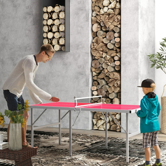 Soozier Mini Ping Pong Table Set for Outdoor and Indoor, Foldable Table Tennis Table with Net, 2 Paddles, 3 Balls, Easy Assembly, Red