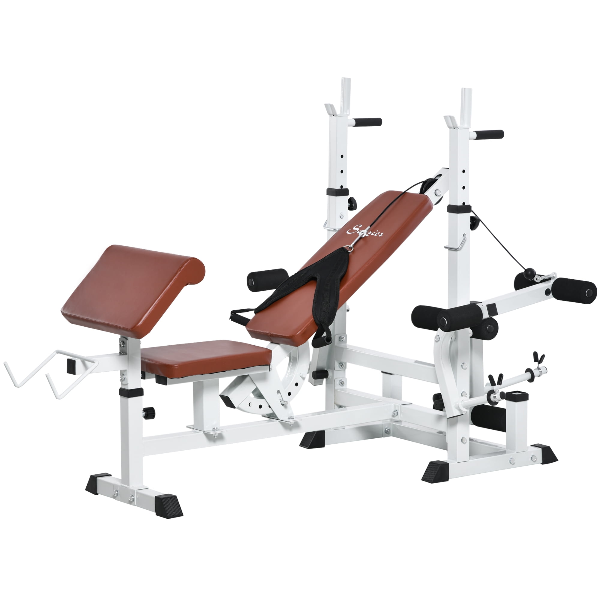 Rack Multi-Exercise Resistance Bench and Curl with Fly Press, Weight Extension, Chest Full-Body Soozier Preacher Leg Band