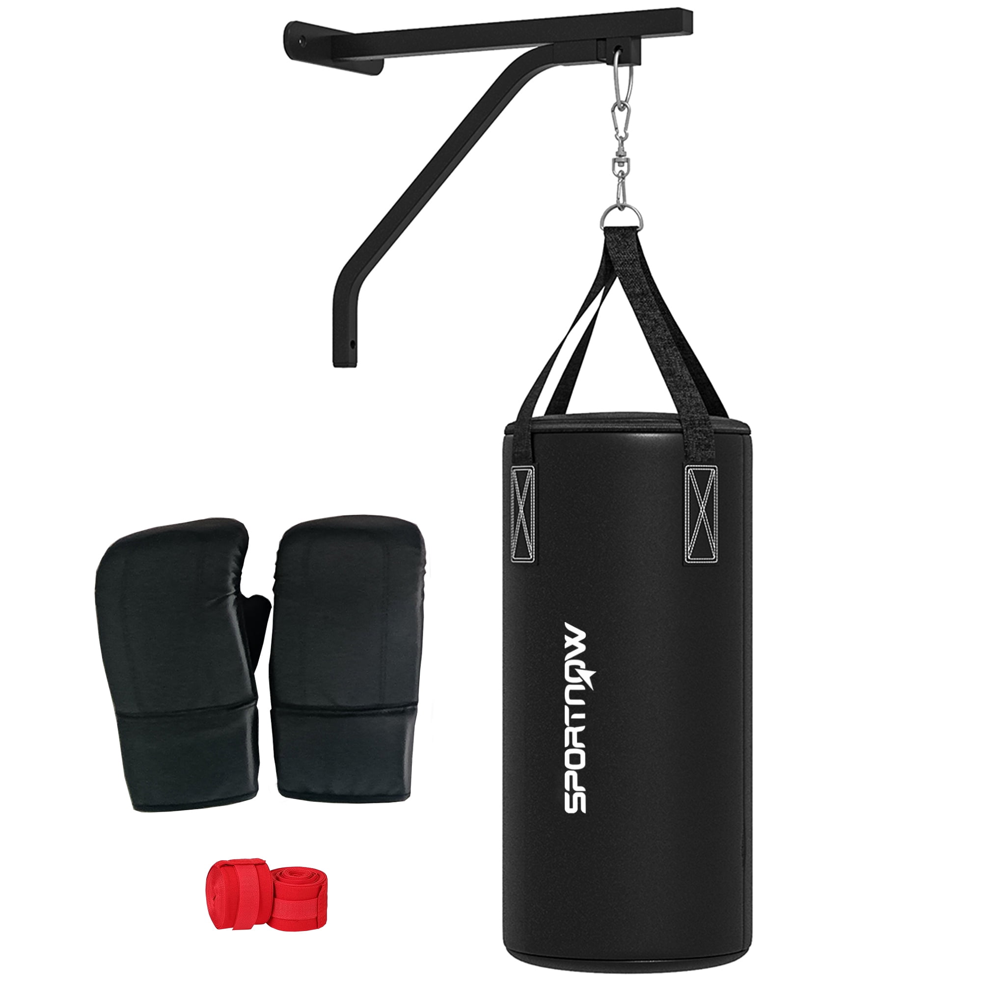 Soozier Unfilled Punching Bag for Adults,Heavy Bag Wall Mount Set with Bracket,Boxing Gloves,Hand Wraps and 360° Swivel Hook for Muay Thai and Mma Training,Black Steel Sports Fitness Exercise
