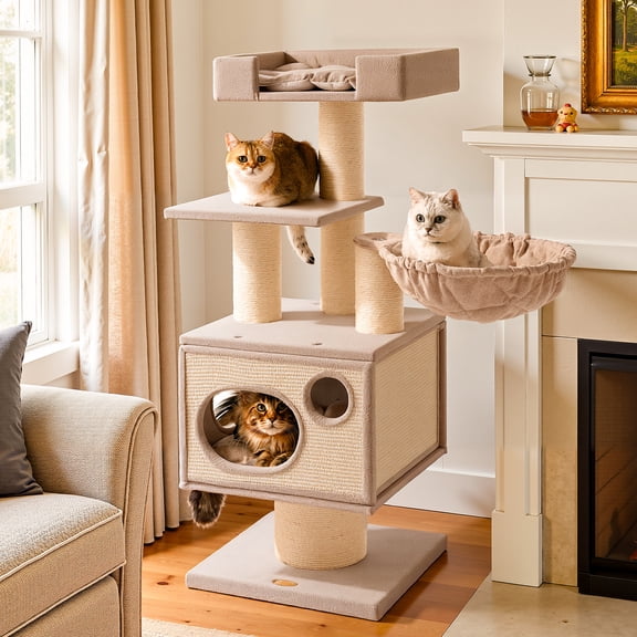 Sopapets 48.4'' Cat Tree with Scratching Posts with Large Top Perch and Hammock for Large Indoor Cats, Beige