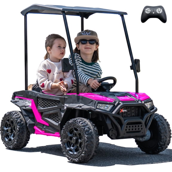 Sopbost 24V 4WD Kids Ride On UTV with Remote Control, 2 Seater Battery Powered Ride On Toy with EVA Tires, Music, Plastic Roof, 3-5 MPH, Ages 3-8, Hot Pink