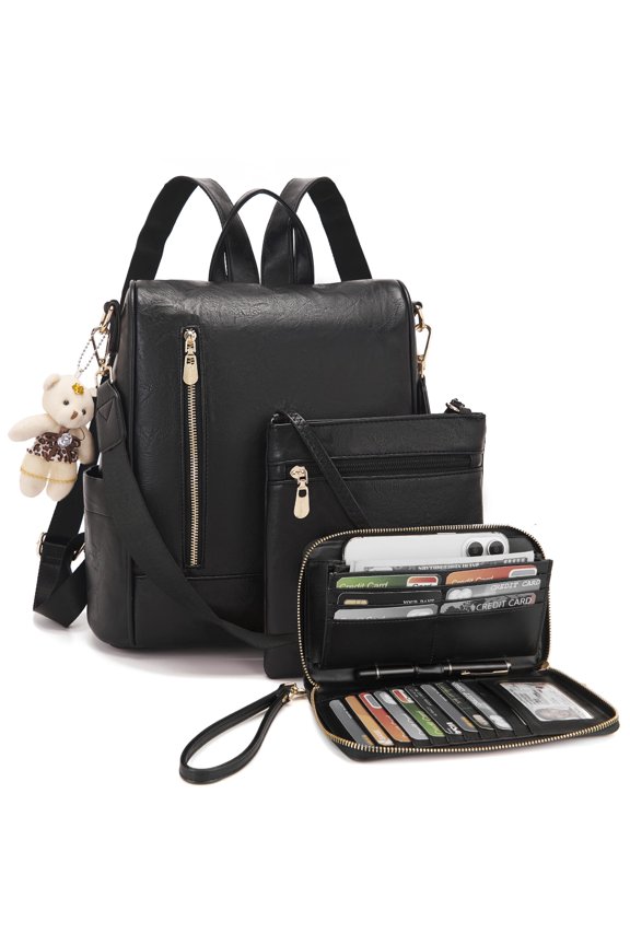 Women Fashion Backpack Purse Anti-Theft Leather Shoulder Bag Travel Multi Pockets Handbag Wallet Set 3pcs Y101